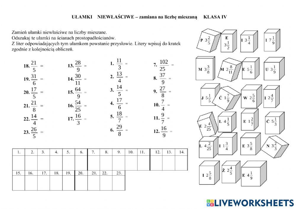 Ułamki I Liczby Mieszane Klasa 4 Kartkówka KARTA PRACY - U… | Free Interactive Worksheets | 4991031
