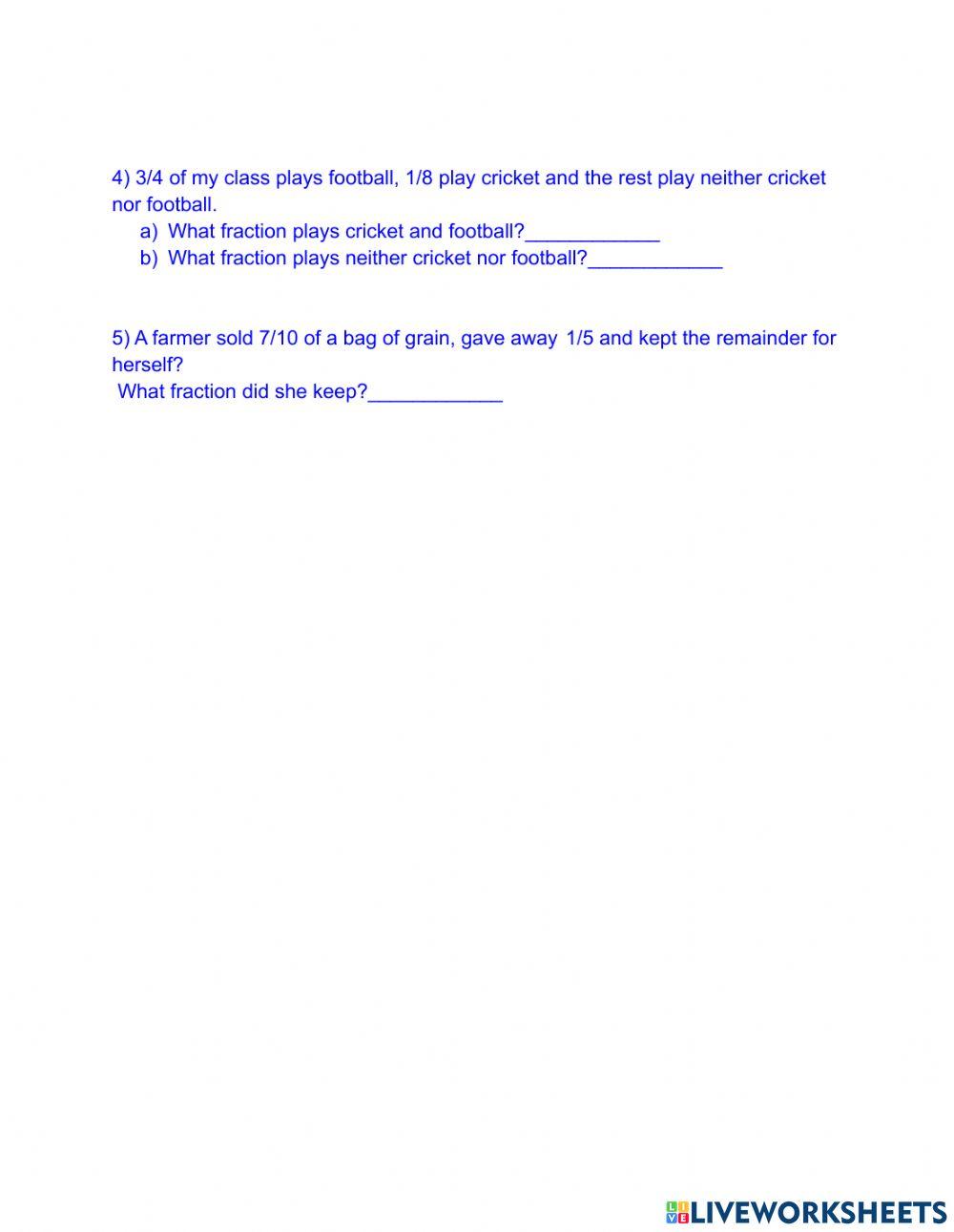 Fractions - Word Questions - Ex. 7d