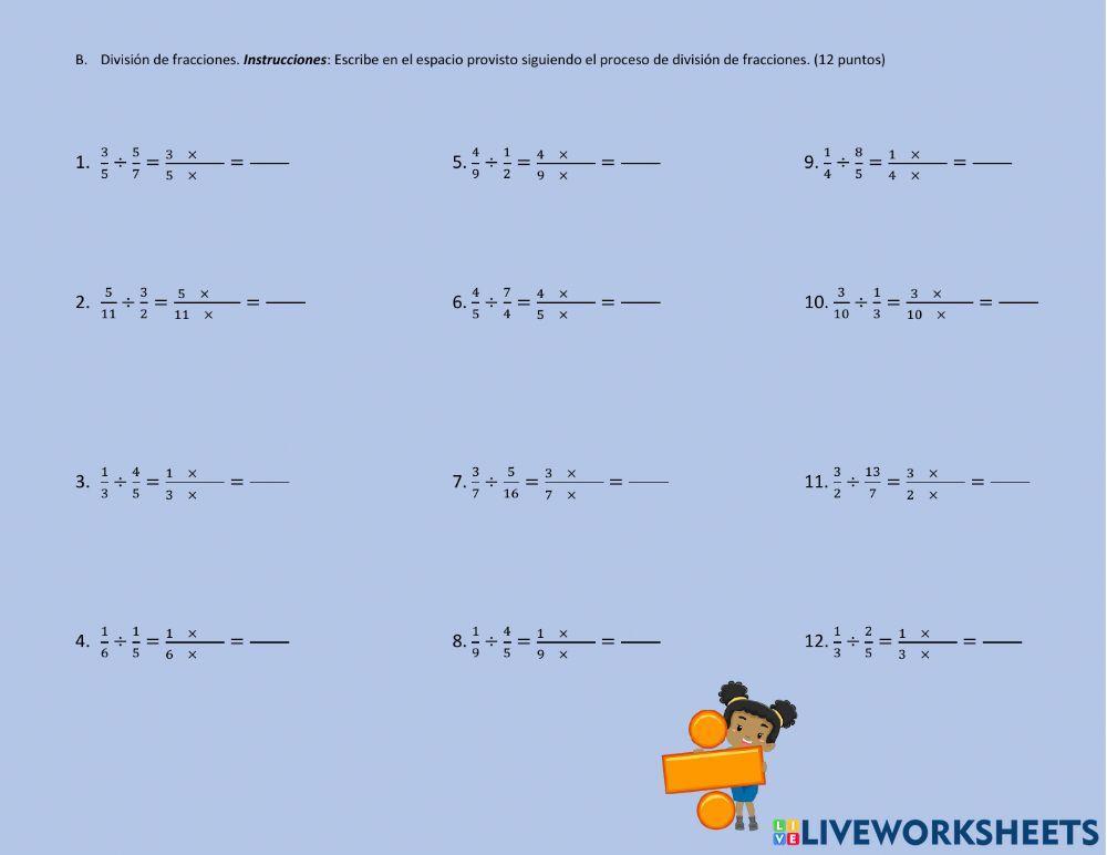 Examen Multiplicación y división de fracciones