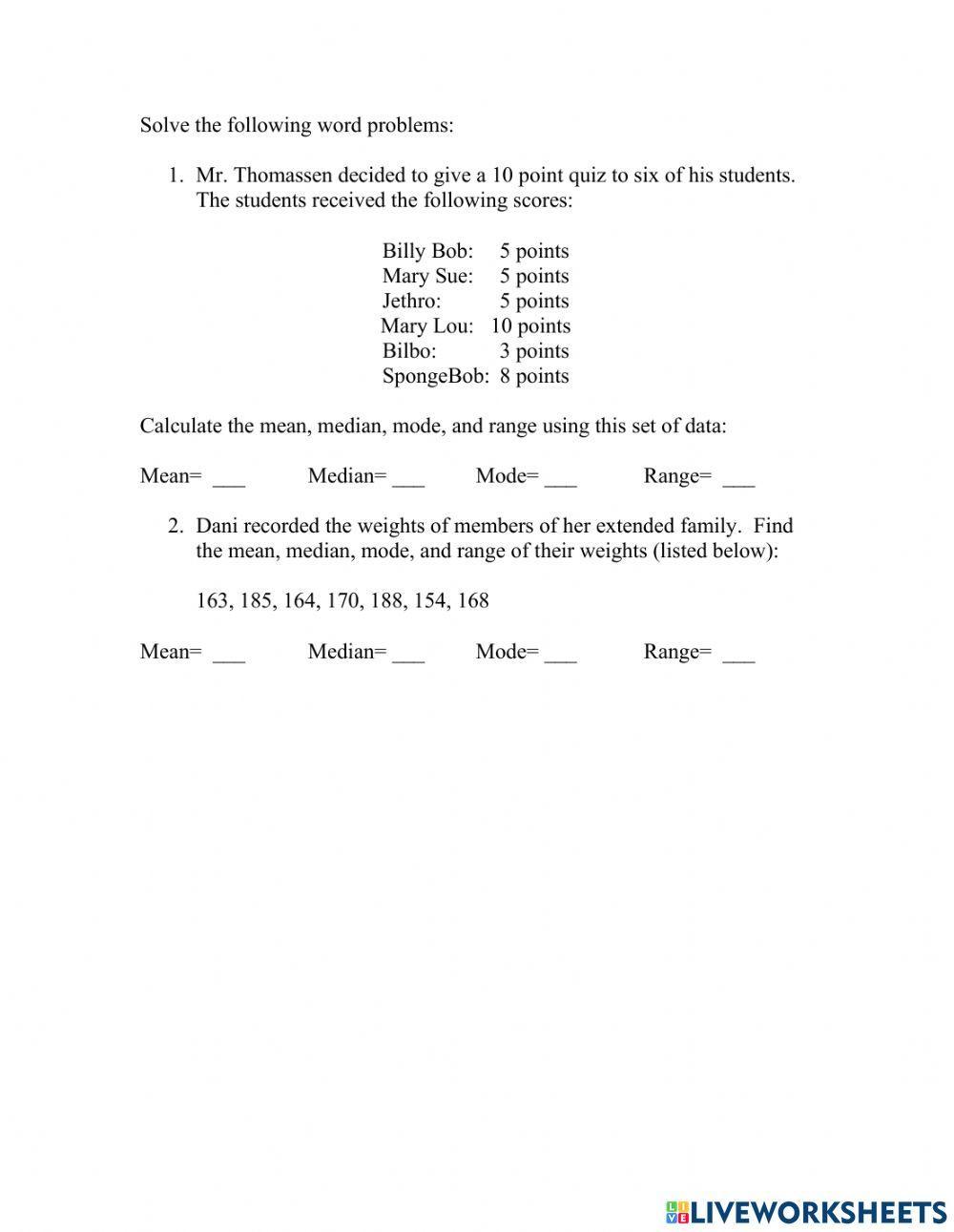 878644 | Mean, Median, Mode, Range Word Problems
