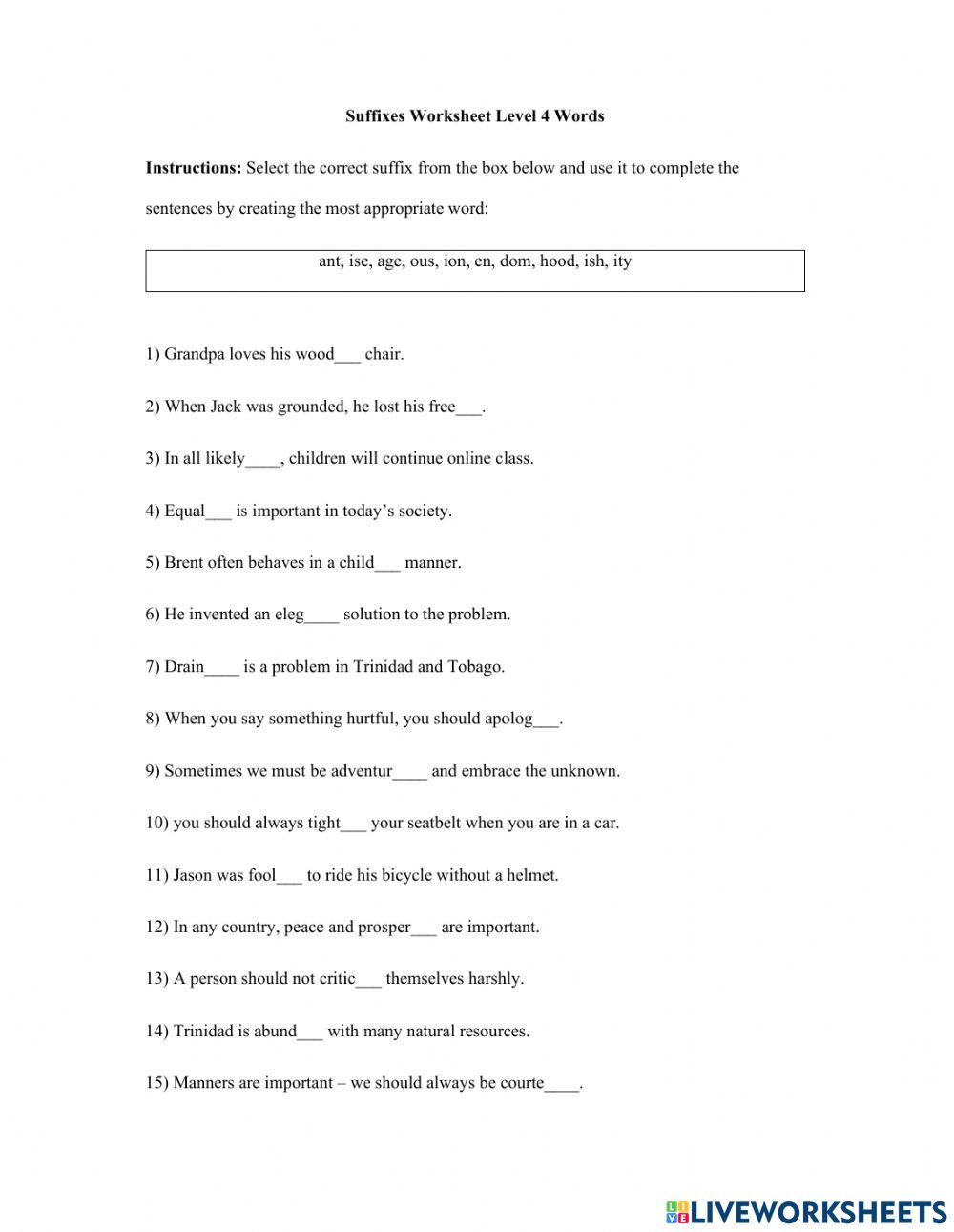 Suffixes Worksheet Standard 4