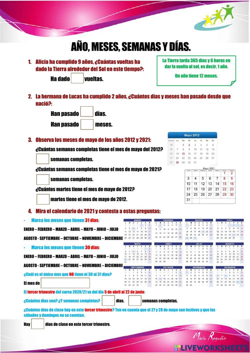 Año, mes, semanas y días Año, mes, semanas y días