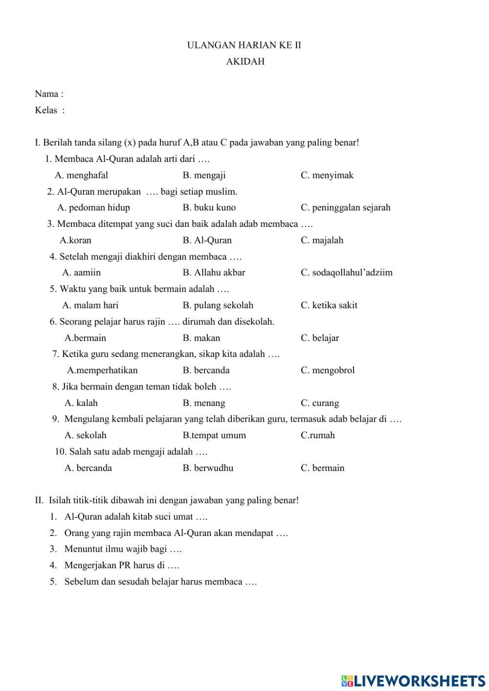 Penilaian Harian II Aqidah Akhlaq