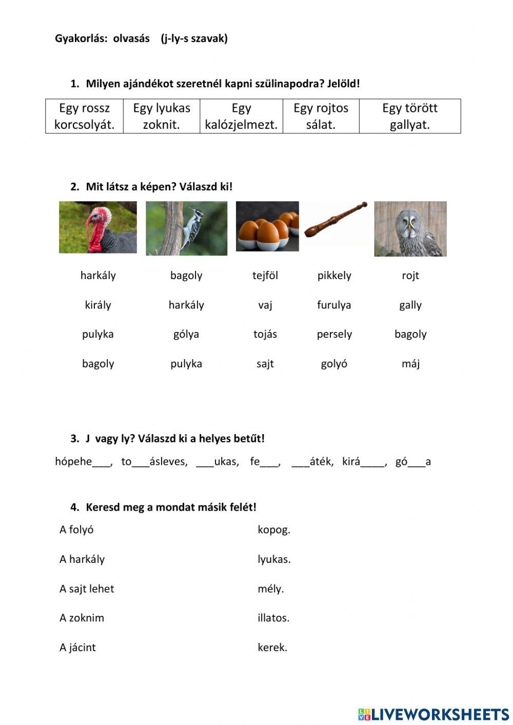 Gyakorlás, j-ly-s szavak