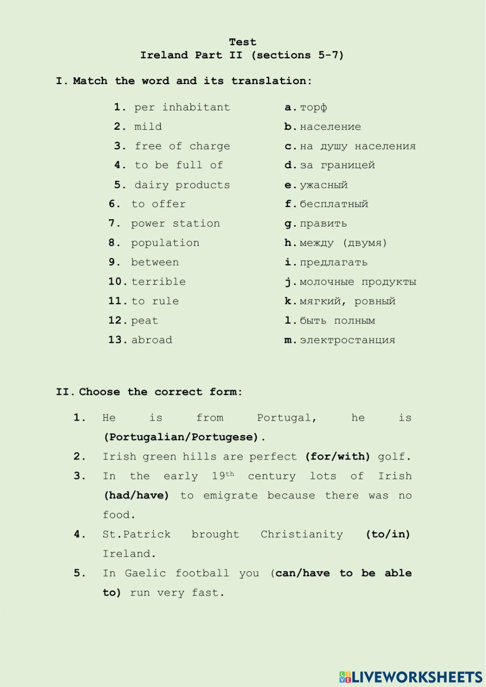 Ireland, test 2 (sport, farming, history)