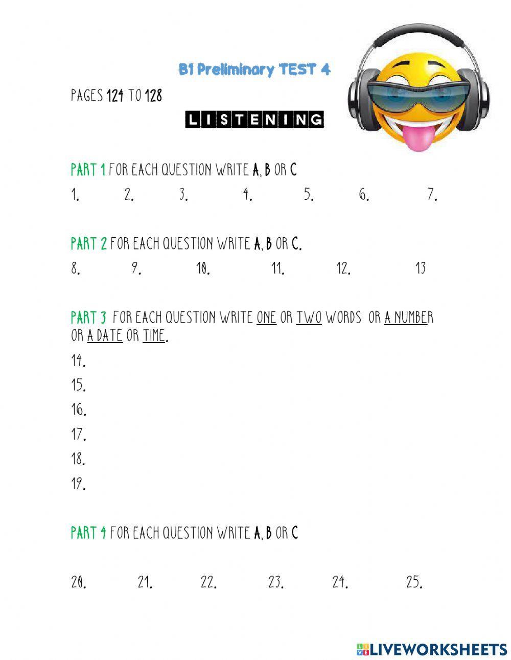 B1 for schools trainer LISTENING Test 4 Answer sheet