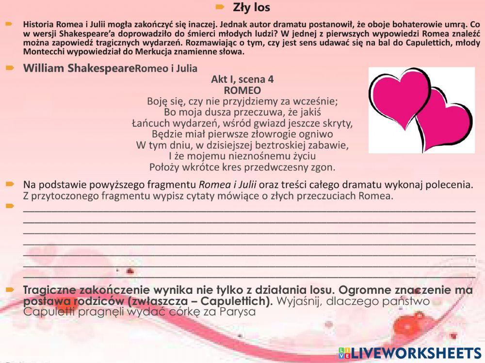 William Szekspir Romeo I Julia Romeo i Julia William Szekspir worksheet | Live Worksheets