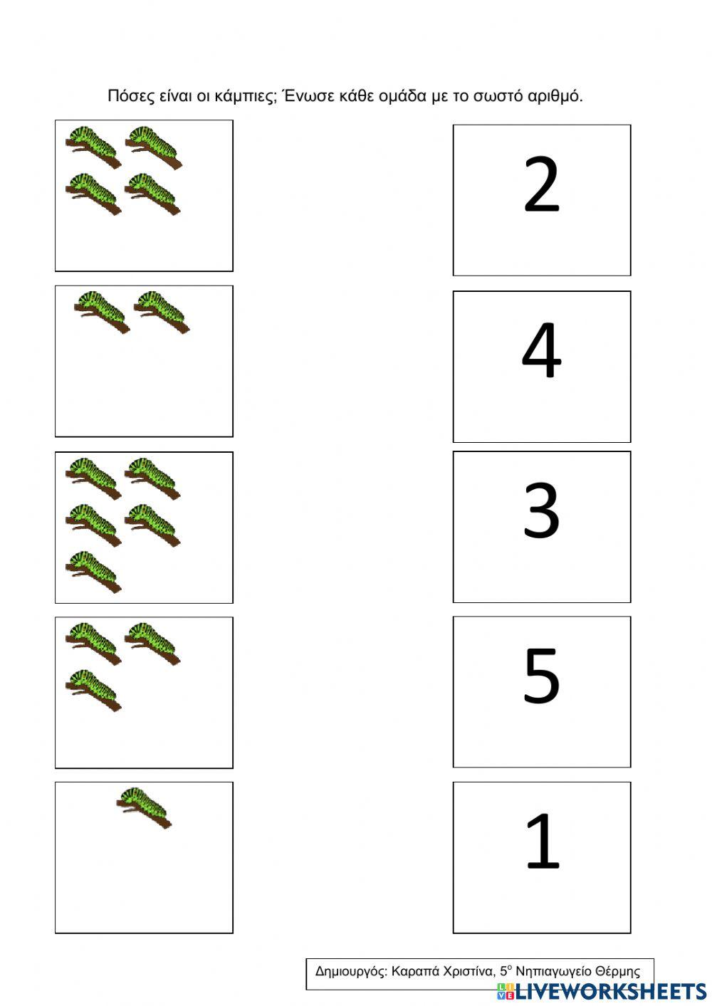 Πόσες είναι οι κάμπιες- Αντιστοίχισε με τον σωστό αριθμό.