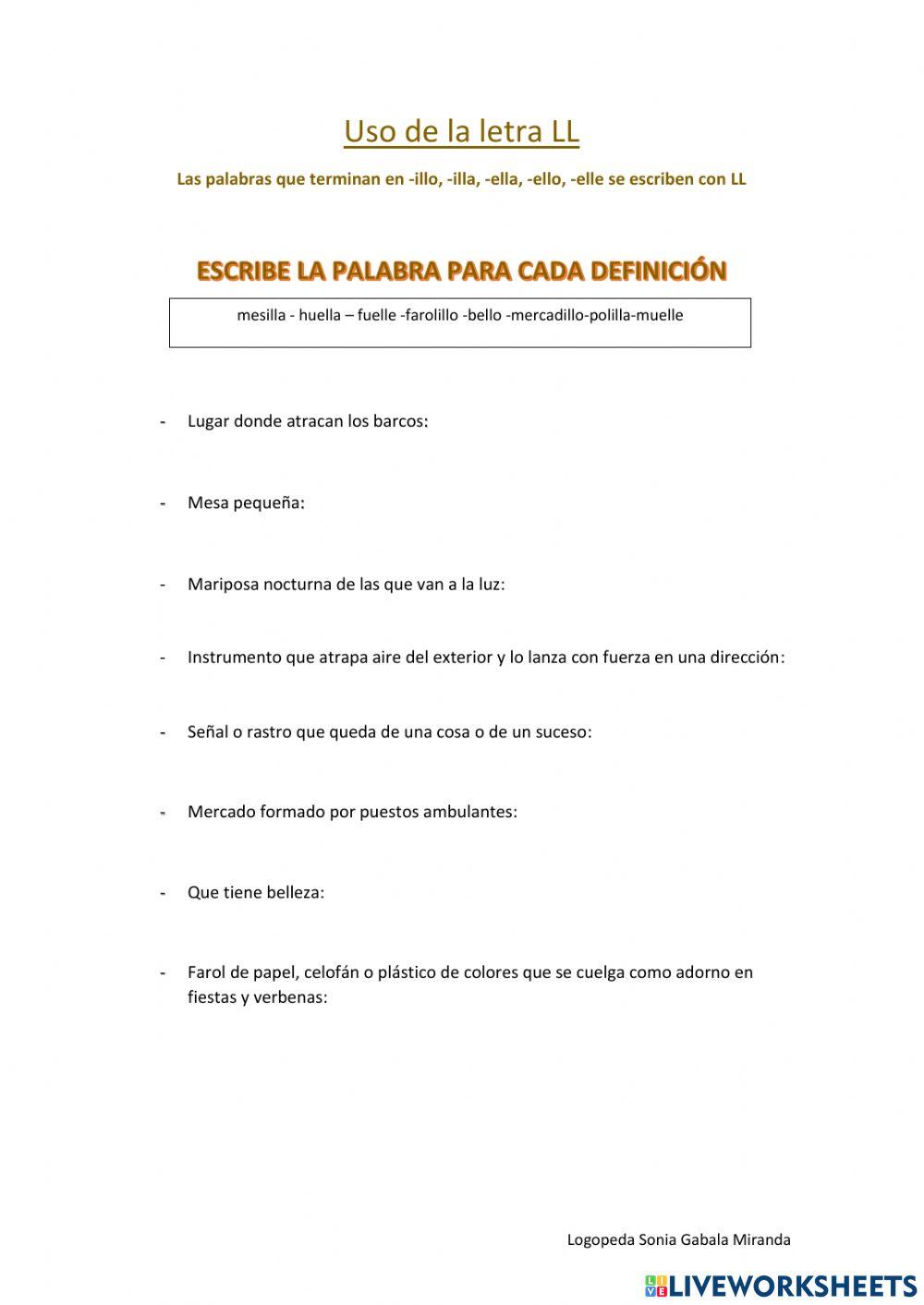 Palabras que acaban en illo, illa,ella, ello, elle