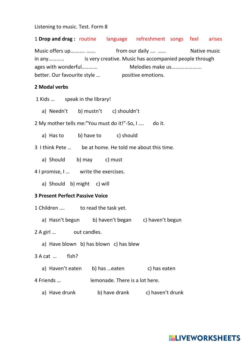 Listening to music Test. Form 8