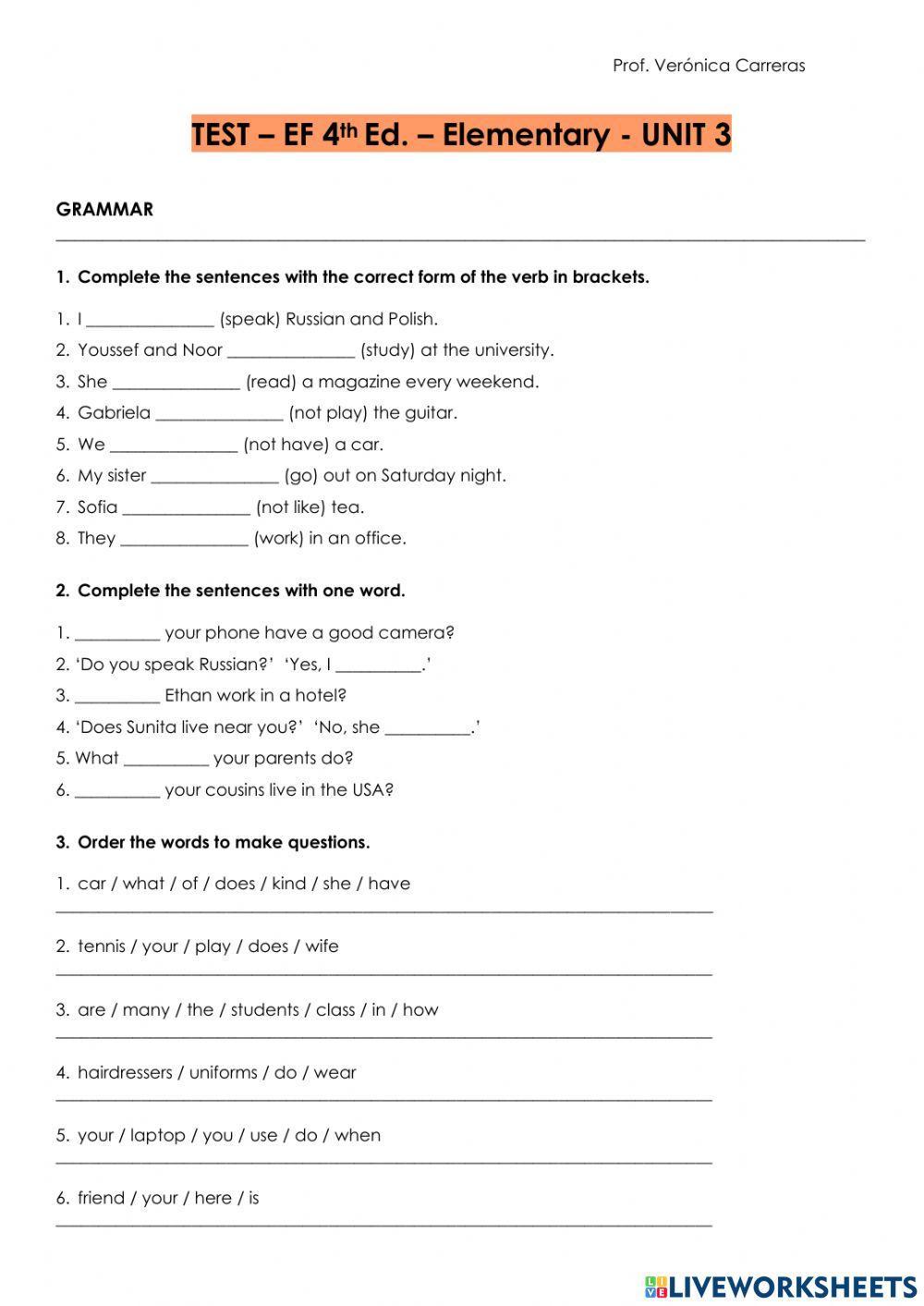 TEST – EF 4th Ed. – Elementary - UNIT 3