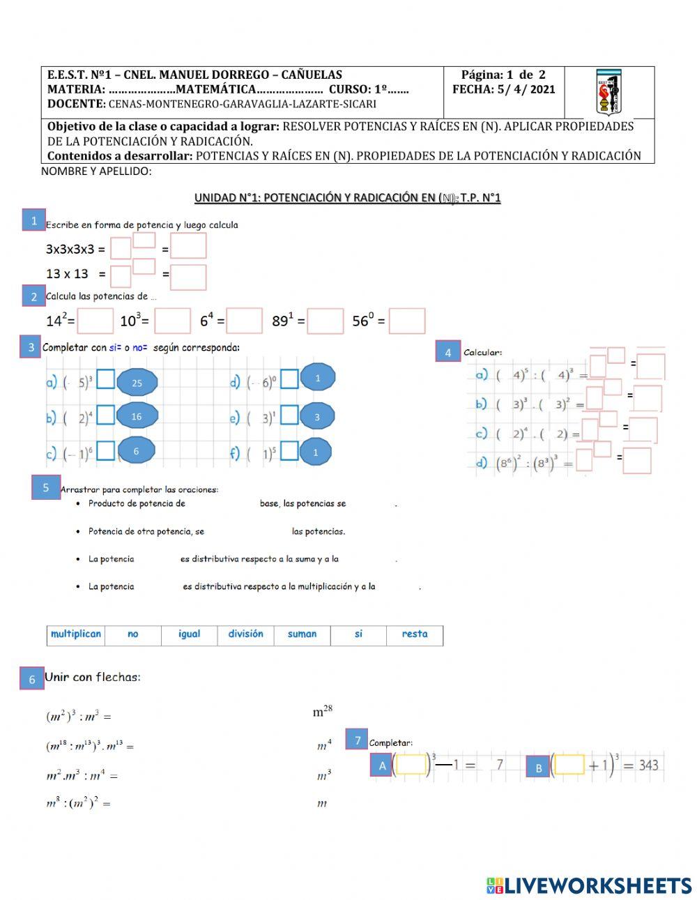 1° año tp n°1 potencia y raíz 2021