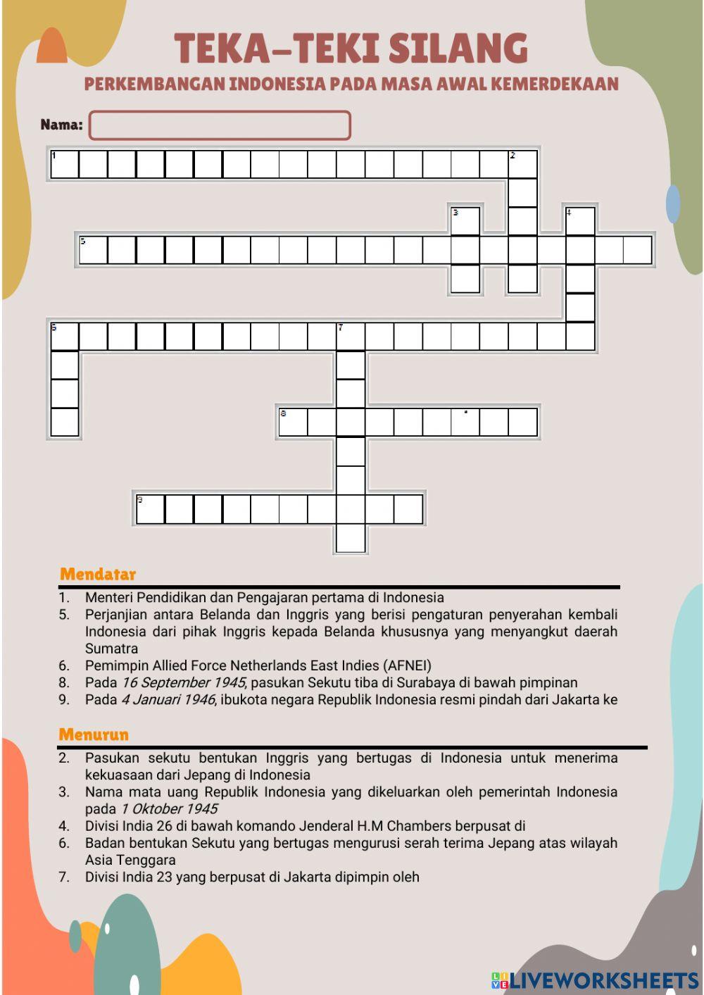 Teka-Teki Silang -Perkembangan Indonesia Awal Kemerdekaan-