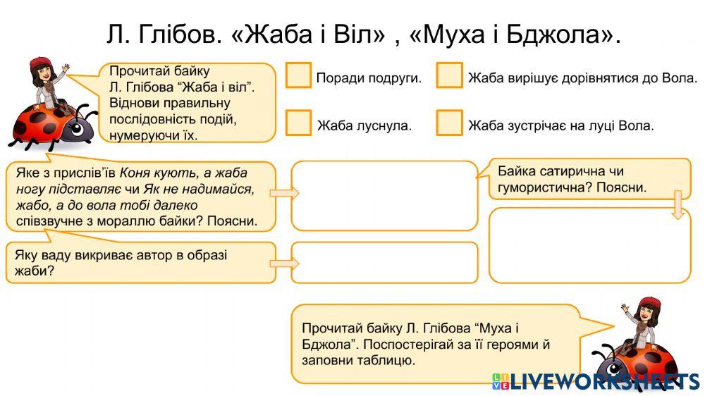 Л. Глібов. -Жаба і Віл-, -Муха і Бджола-