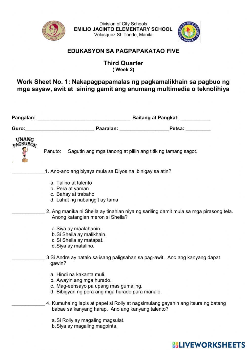 Worksheet 1: ESP 5 Quarter 3 Week 1-2 | teacherfaye
