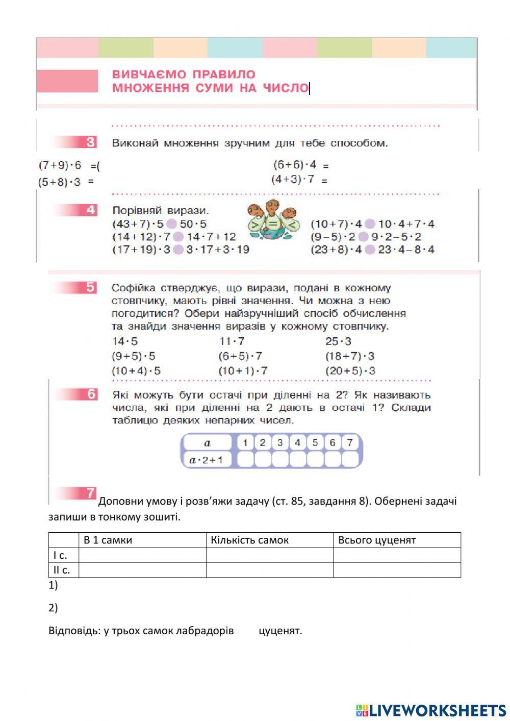 Вивчаємо правило множення суми на число Вивчаємо правило множення суми на число