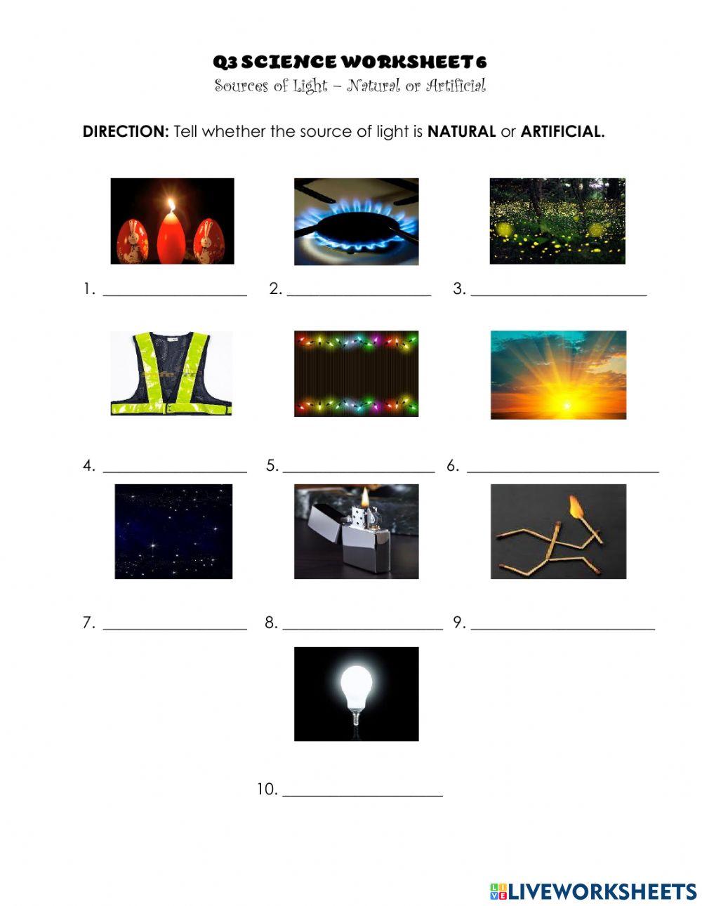 Q3 Science 4 Worksheet 6 Sources of Light - Natural or Artificial