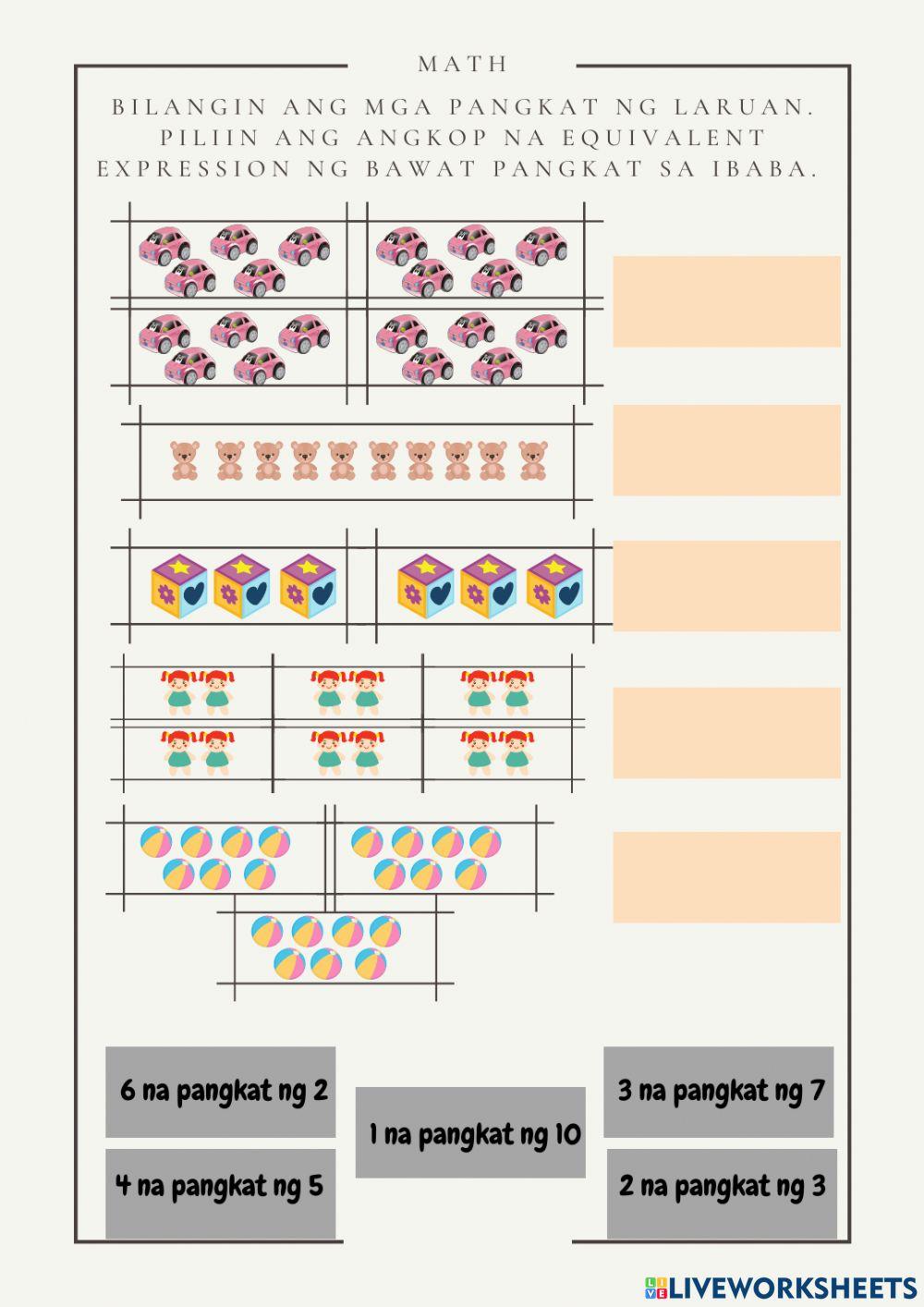 Pagbibilang ng mga Pangkat na may Parehong Dami  Gamit ang mga Konkretong Bagay at Pagsulat ng  Equivalent Expression.