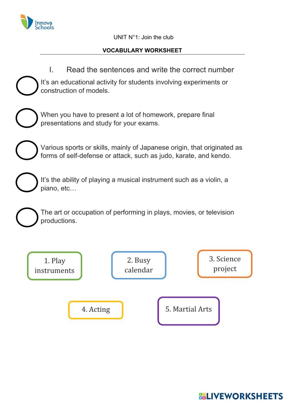 Vocabulary  - UNIT 1 - Join the club