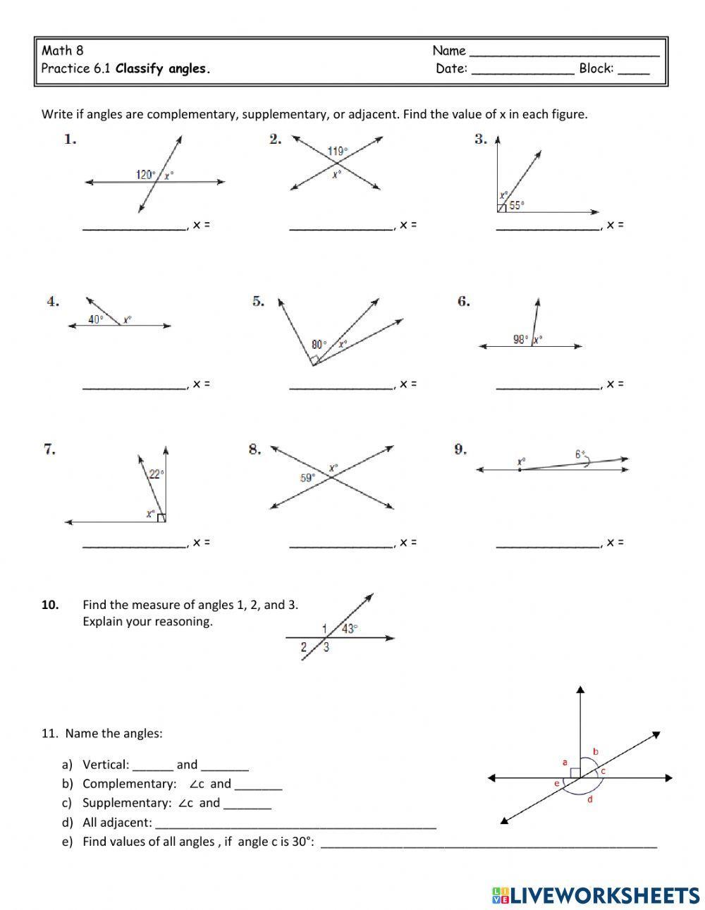 Complementary, Supplementary, and Vertical Angles Practice