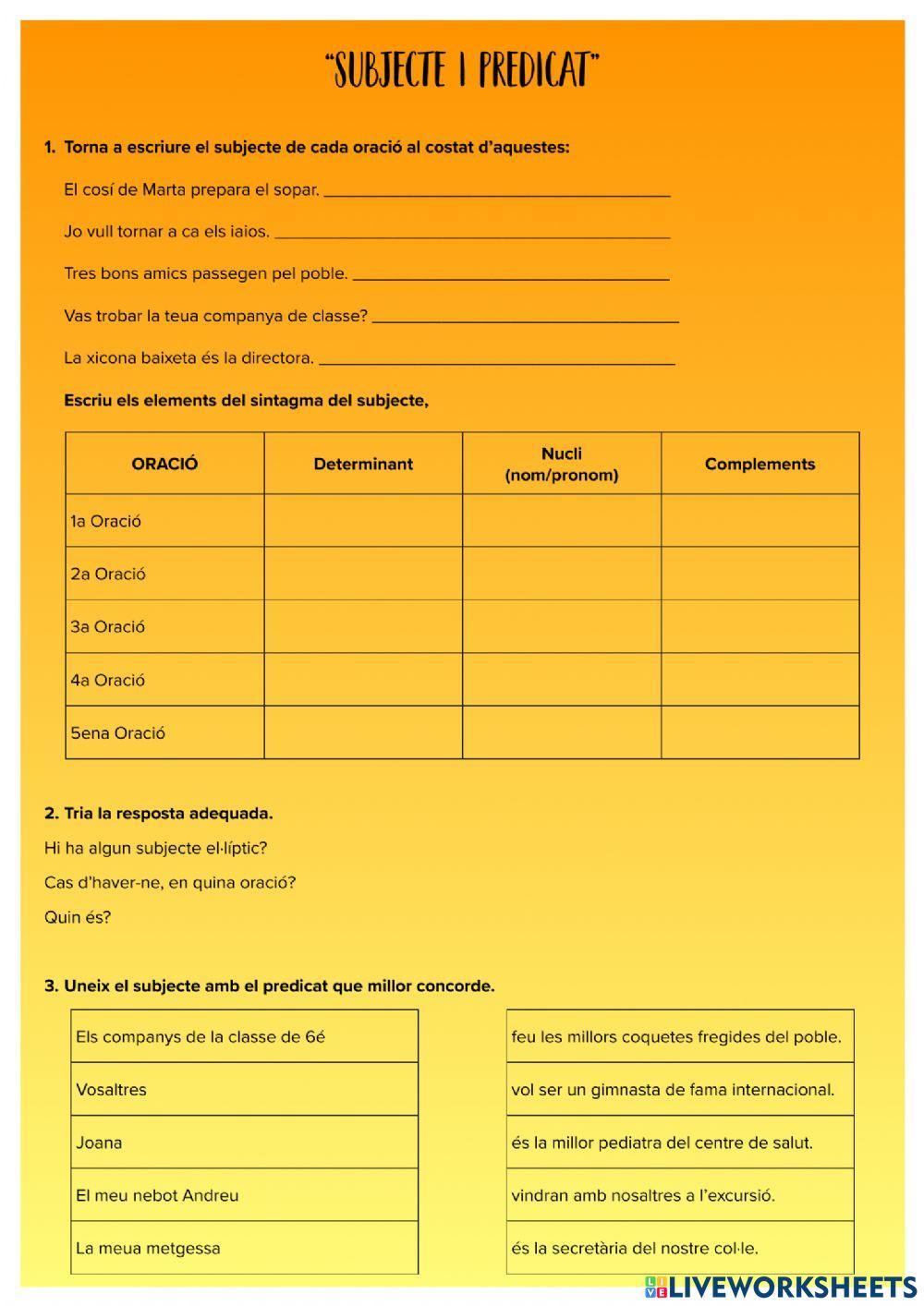 Subjecte i prdicat Subjecte i prdicat