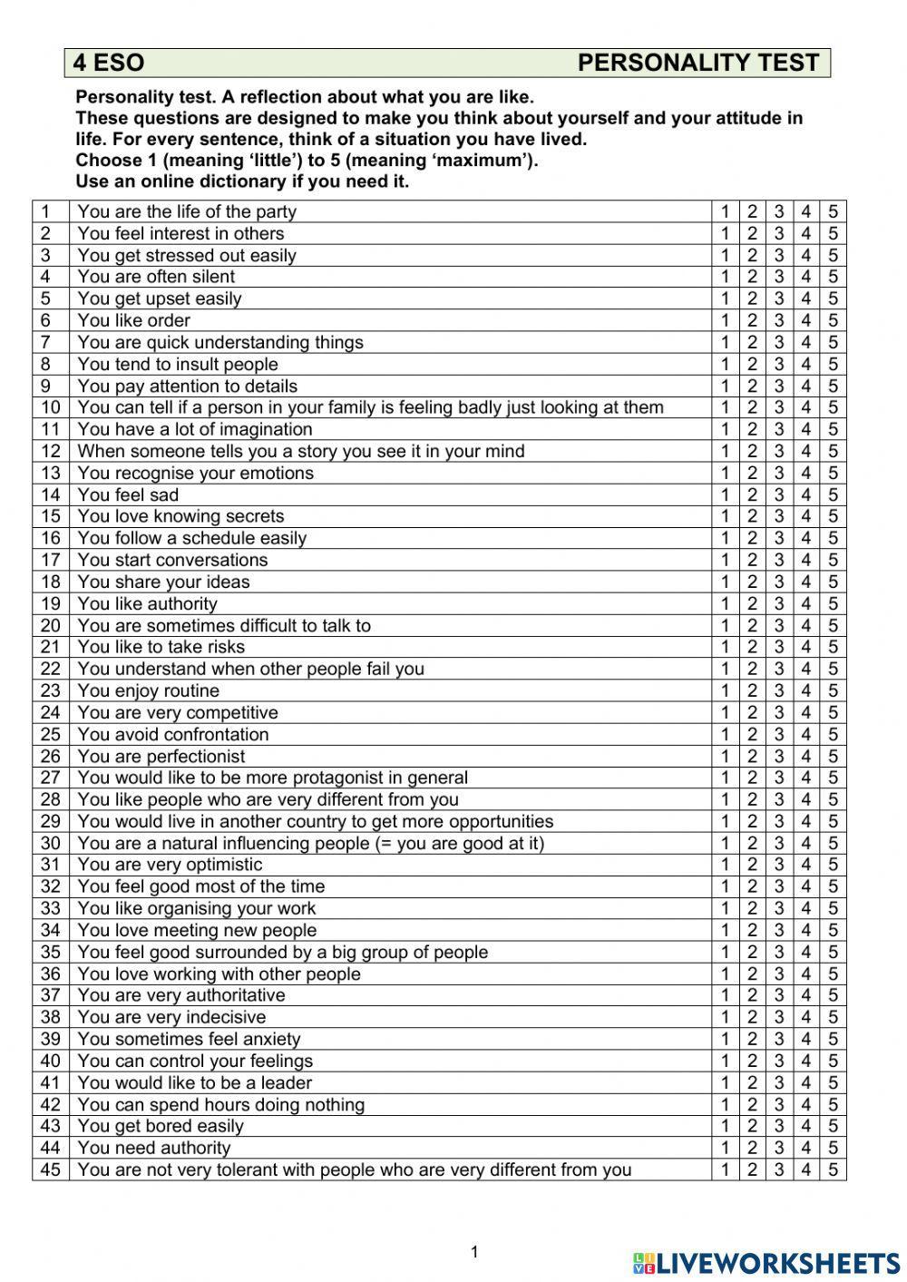 882837 Personality Test English4ESO LiveWorksheets 882837 Personality Test English4ESO LiveWorksheets