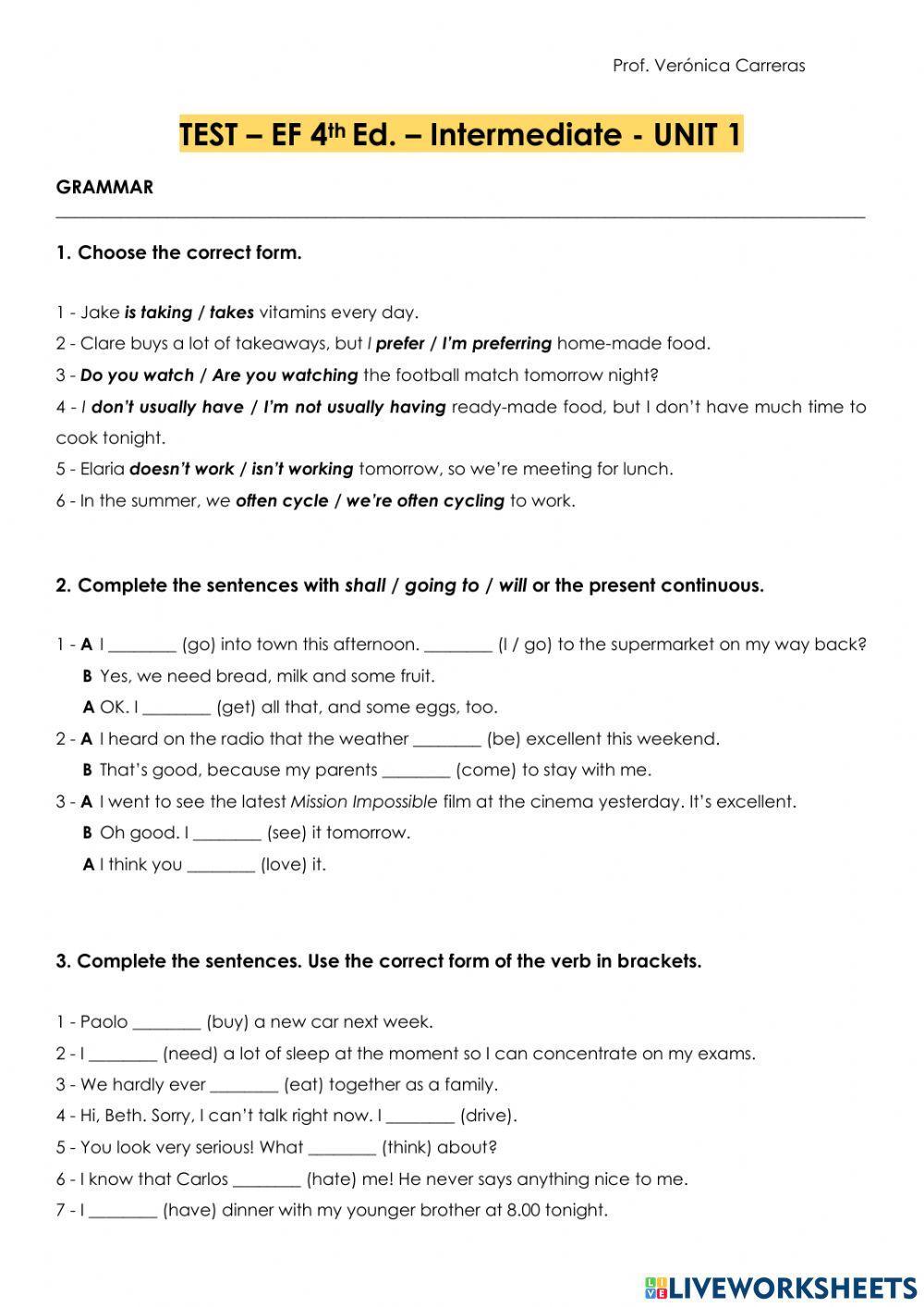TEST – EF 4th Ed. – Intermediate - UNIT 1