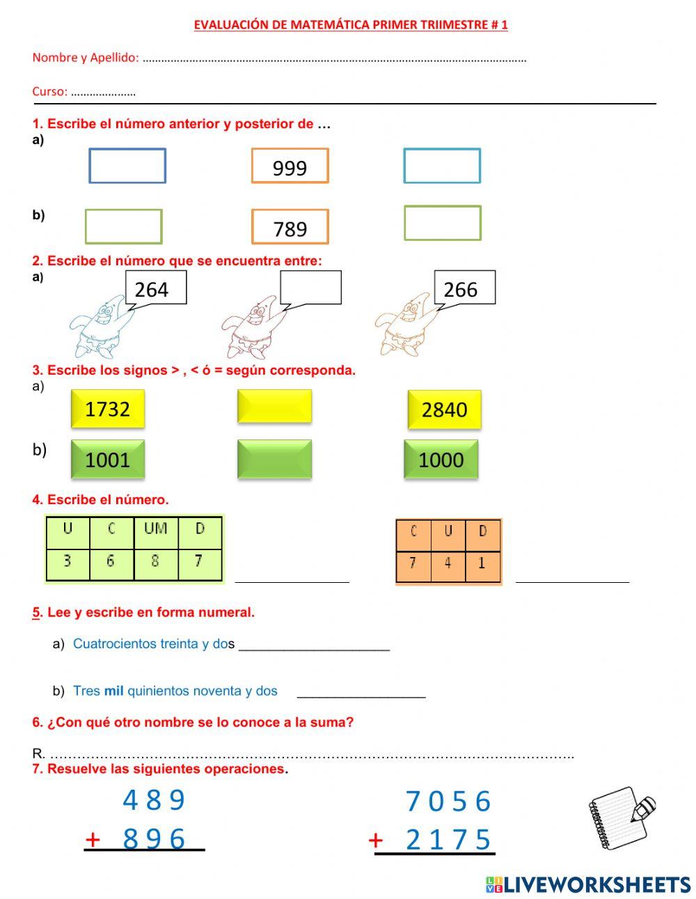 Actividad de adición, escritura de números.