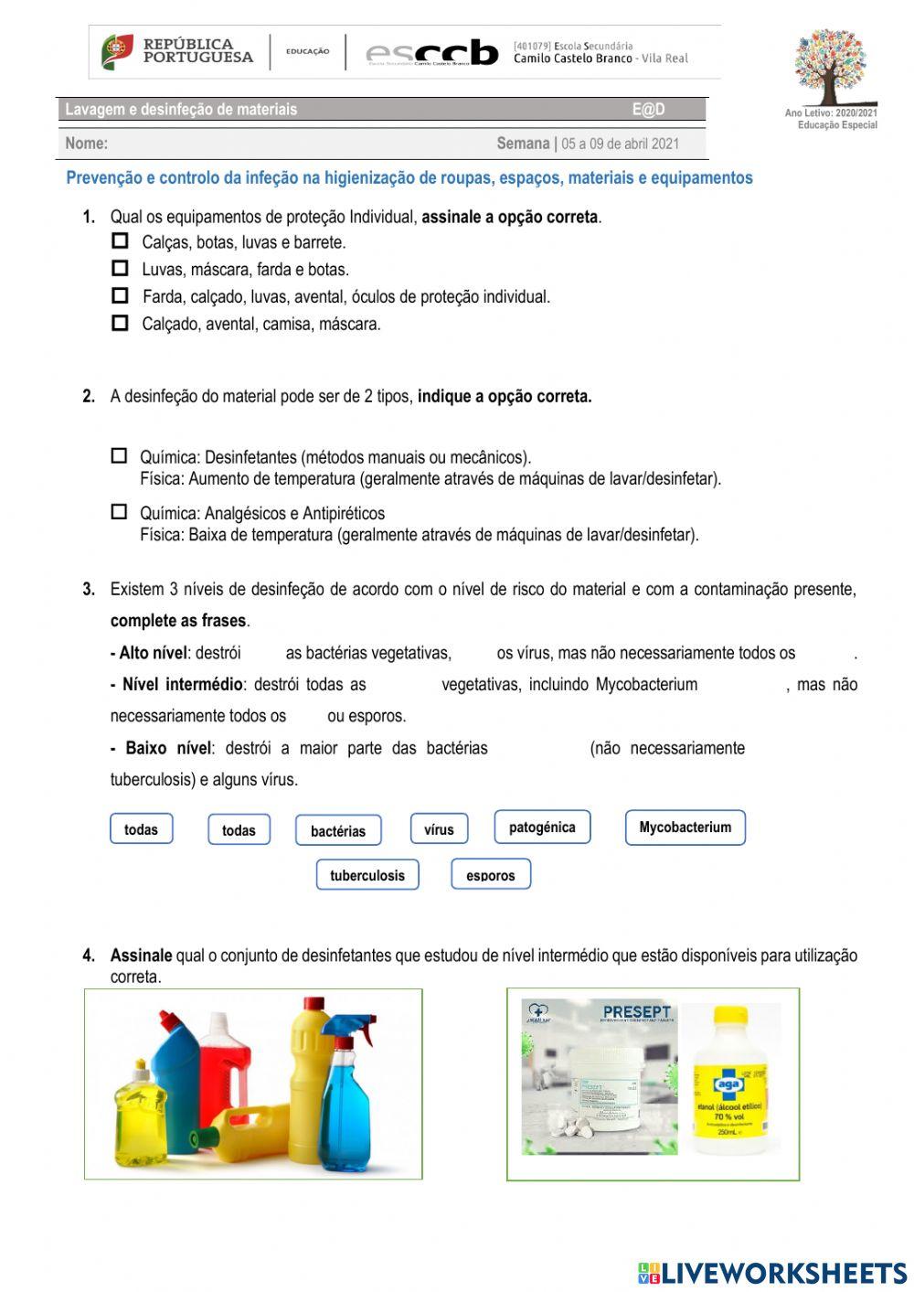 Prevenção e controlo da infeção na higienização de roupas, espaços, materiais e equipamentos