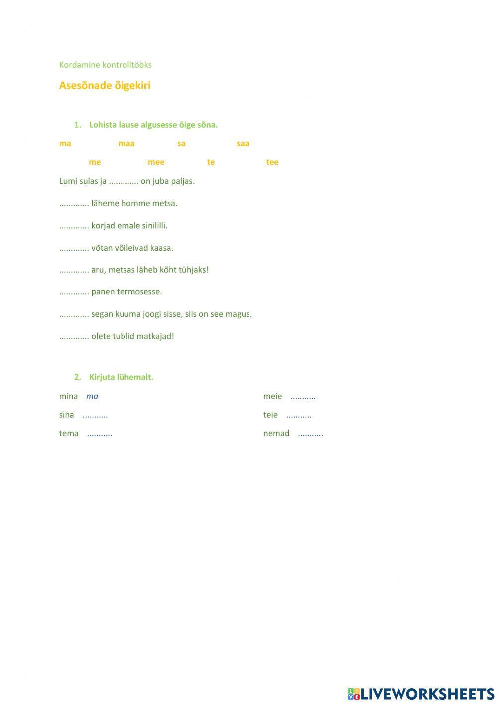 Asesõnade õigekiri, 2.klass, kordamine kontrolltööks