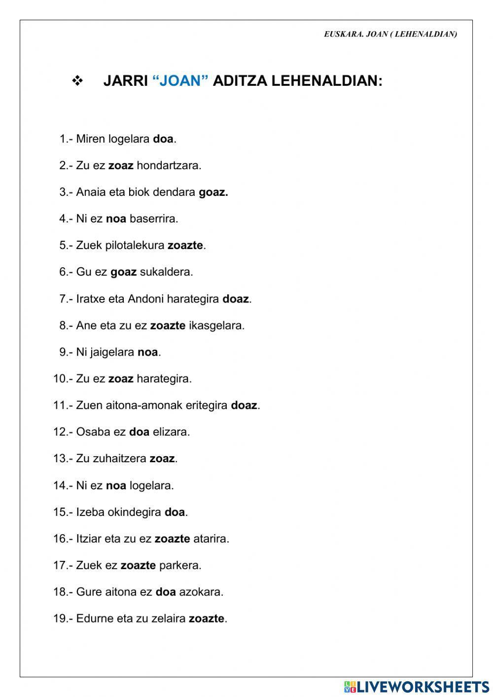 Joan aditza lehenaldian