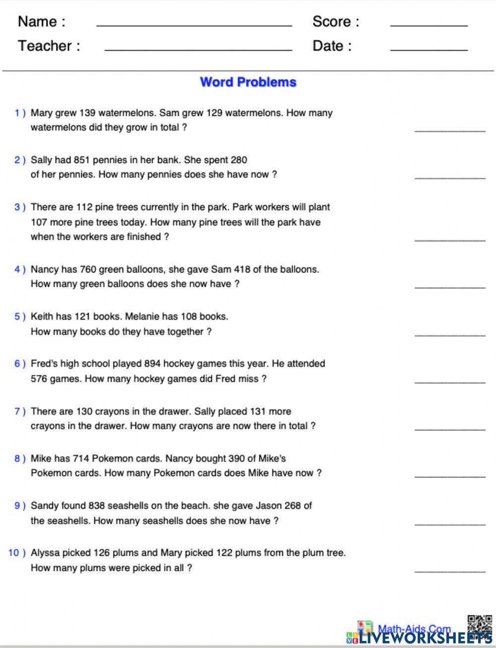 Word Problems AdditionSubtraction 3digit numbers