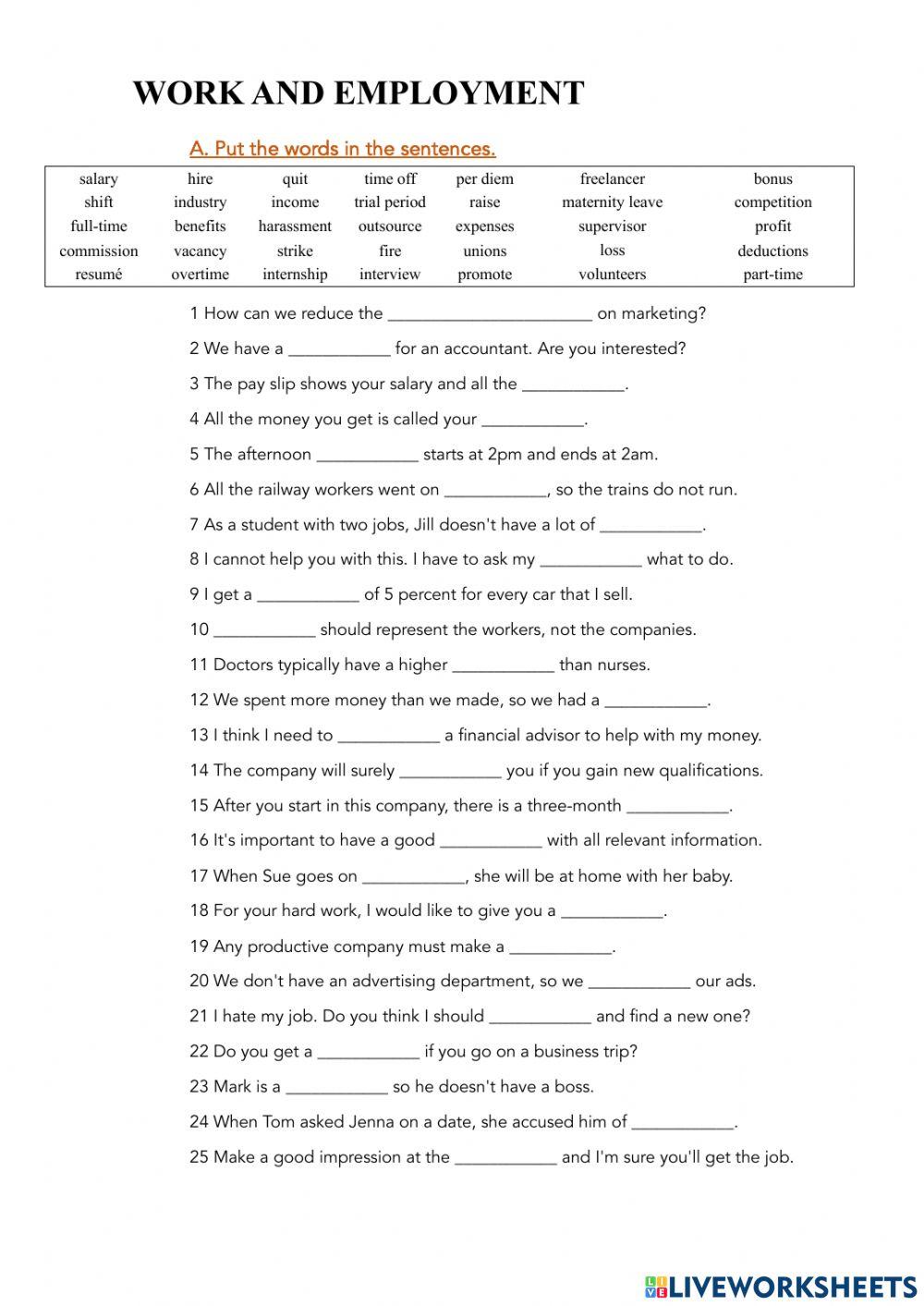 Work and employment online exercise for Live Worksheets