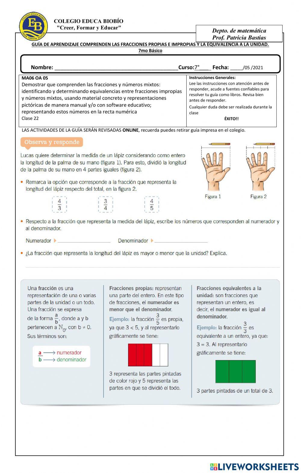 Guía 22  7° Comprenden las fracciones propias e impropias y la equivalencia a la unidad.