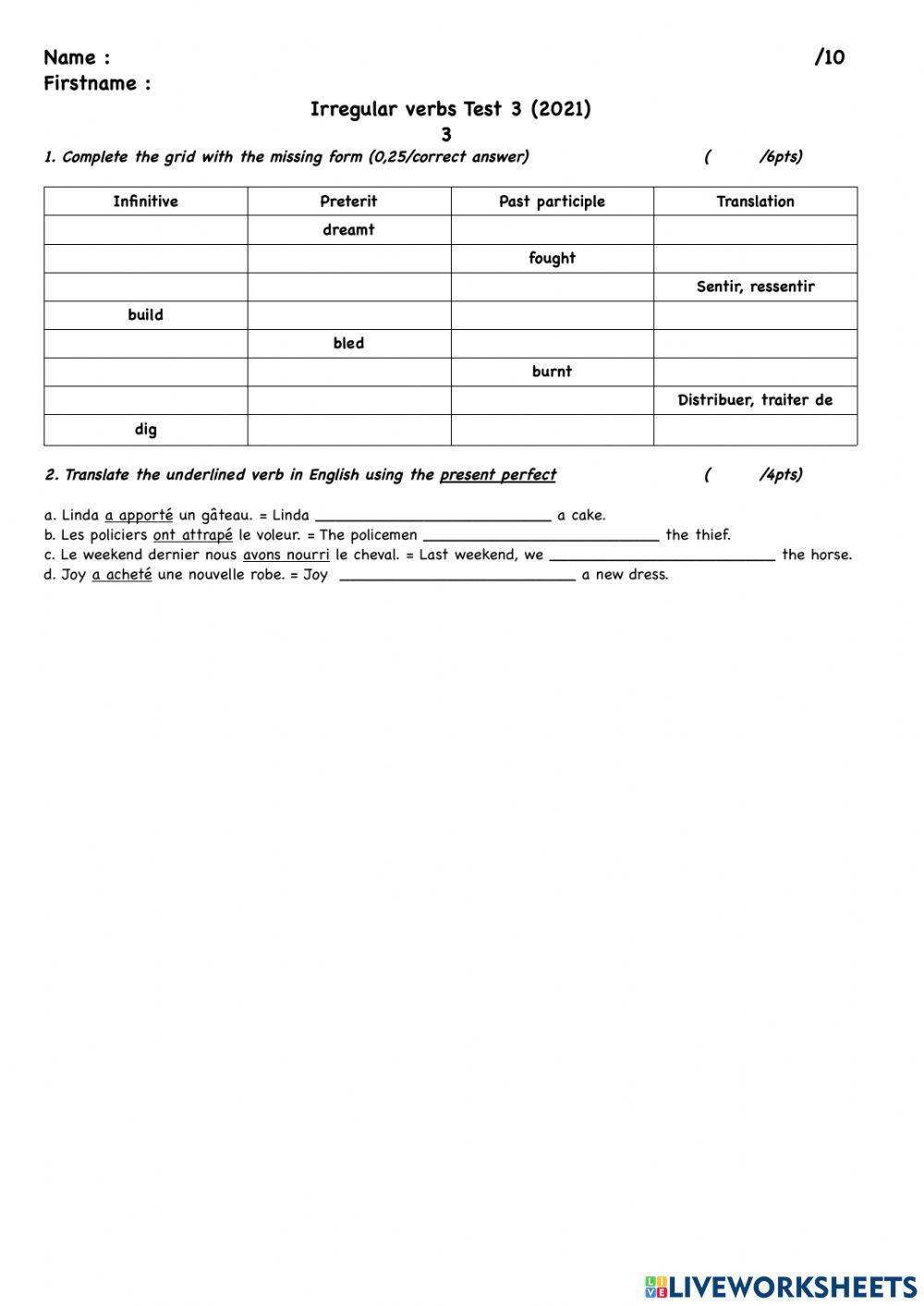 Irregular verbs Test 3