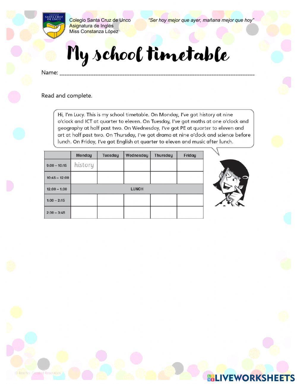 Reading - My school timetable