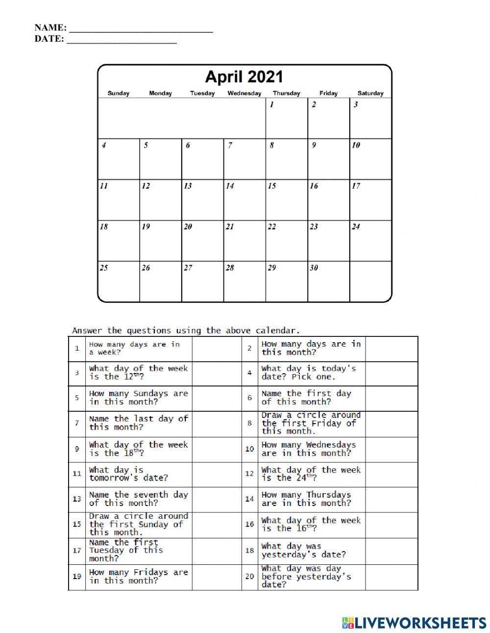 Calendar - april 2021