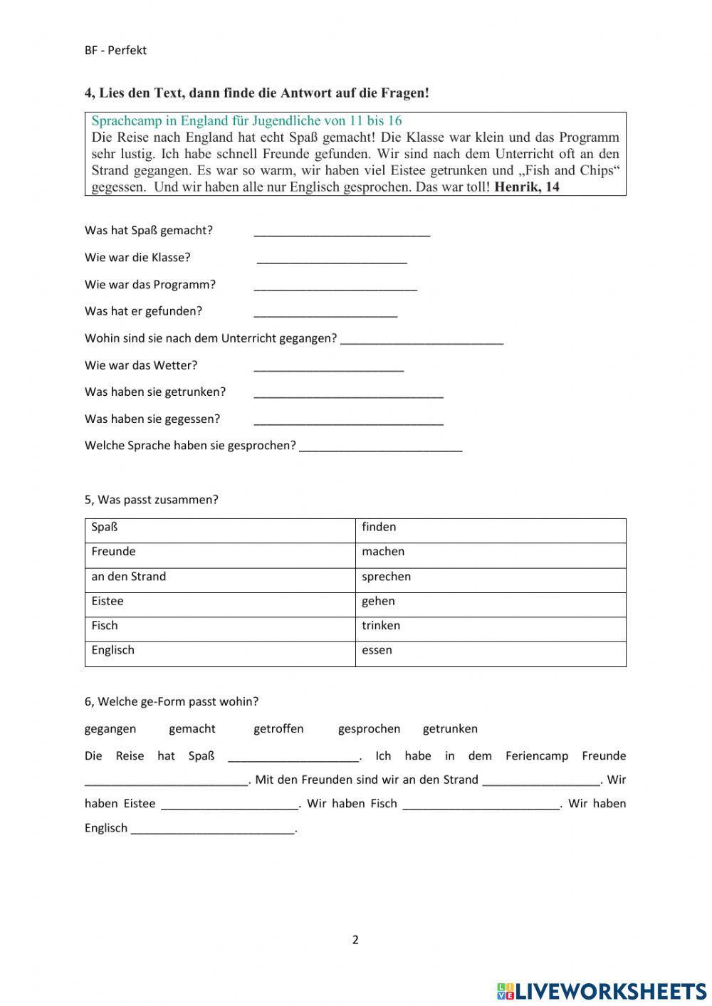 Perfekt - Leseverstehen