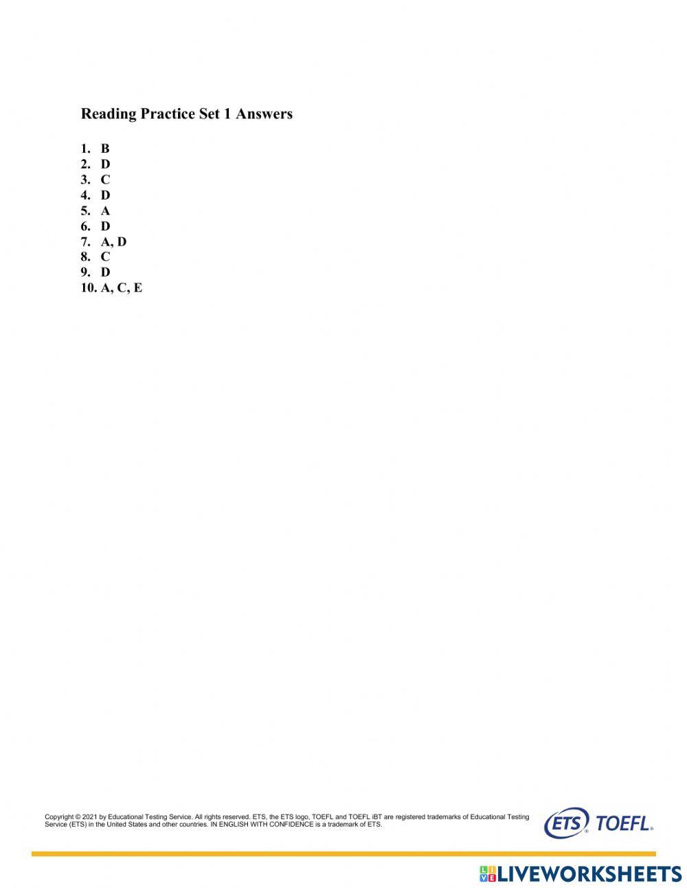 Reading toefl practice online exercise for live worksheets