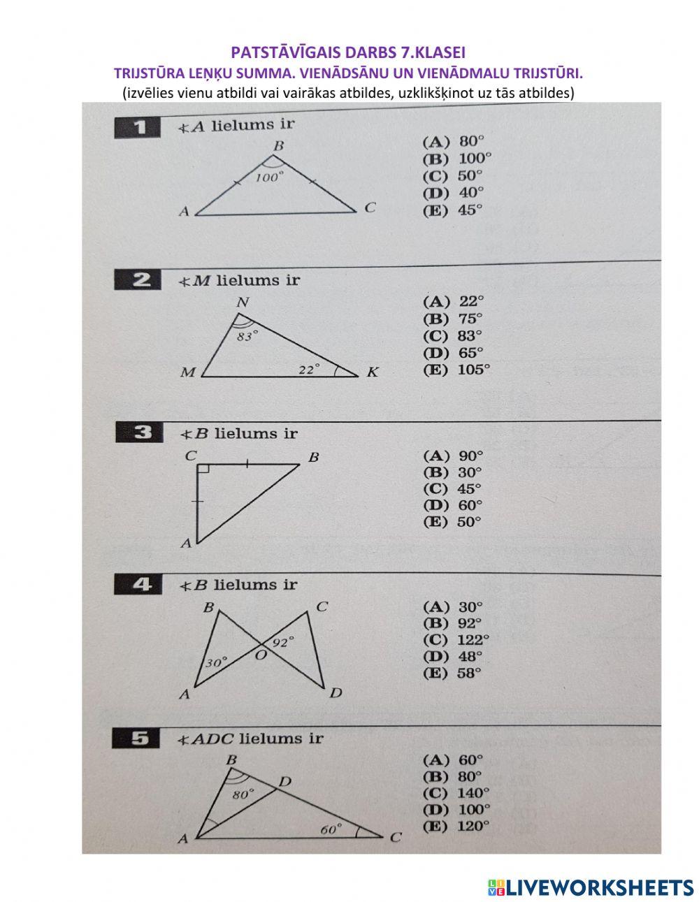 7.klase. Trijstūra leņķu summa. Vienādsānu un vienādmalu trijstūri.