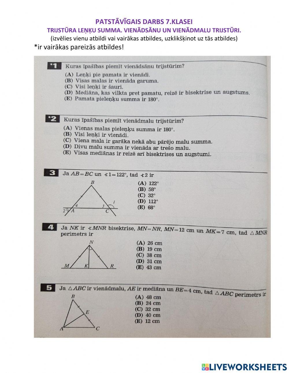 7.klase. Trijstūra leņķu summa. Vienādsānu un vienādmalu trijstūri.