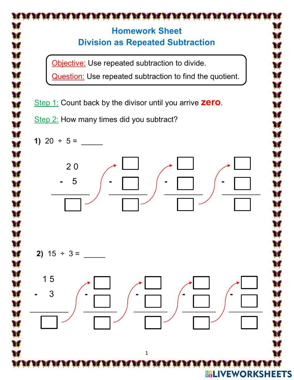 Division as Repeated Subtraction activity | Live Worksheets division-as-repeated-subtraction-activity-live-worksheets