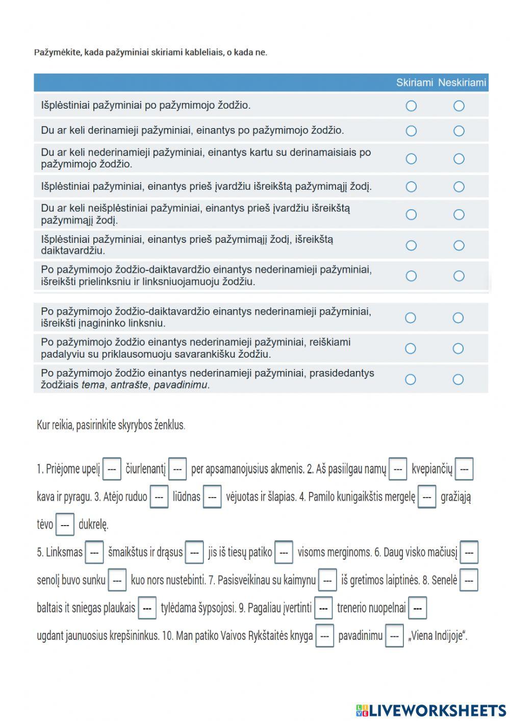 Išplėstiniai pažyminiai, jų reiškimo būdai ir skyryba.
