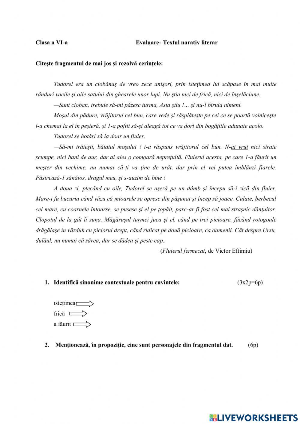 Textul narativ literar