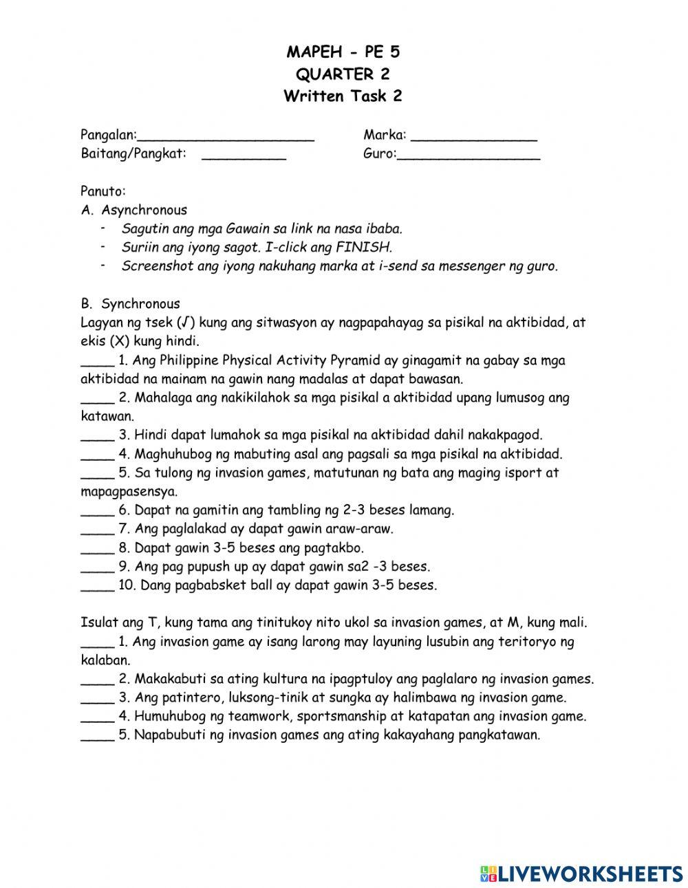 MAPEH PE 5 INVASION GAME WRITTEN TASK 2