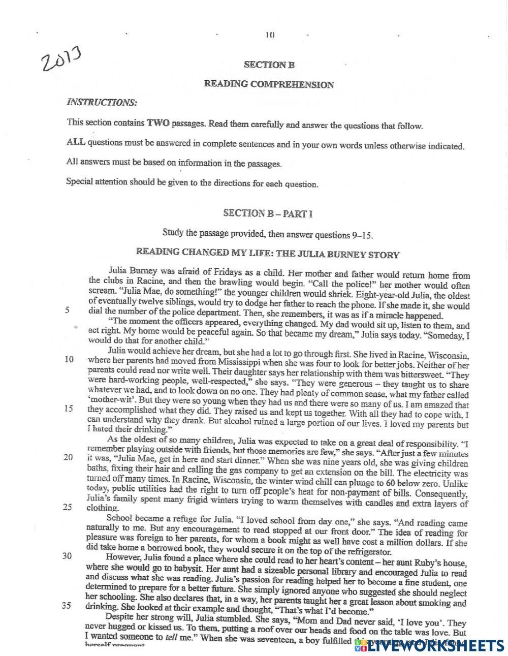 B.J.C Reading Comprehension 2013