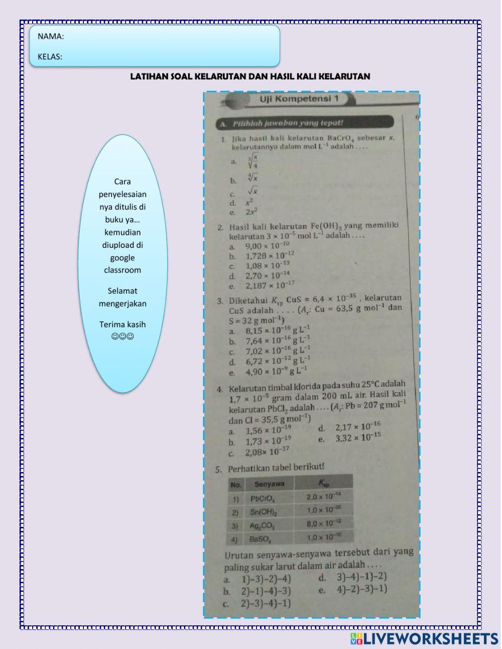 Latihan soal Kelarutan dan Hasil kali Kelarutan