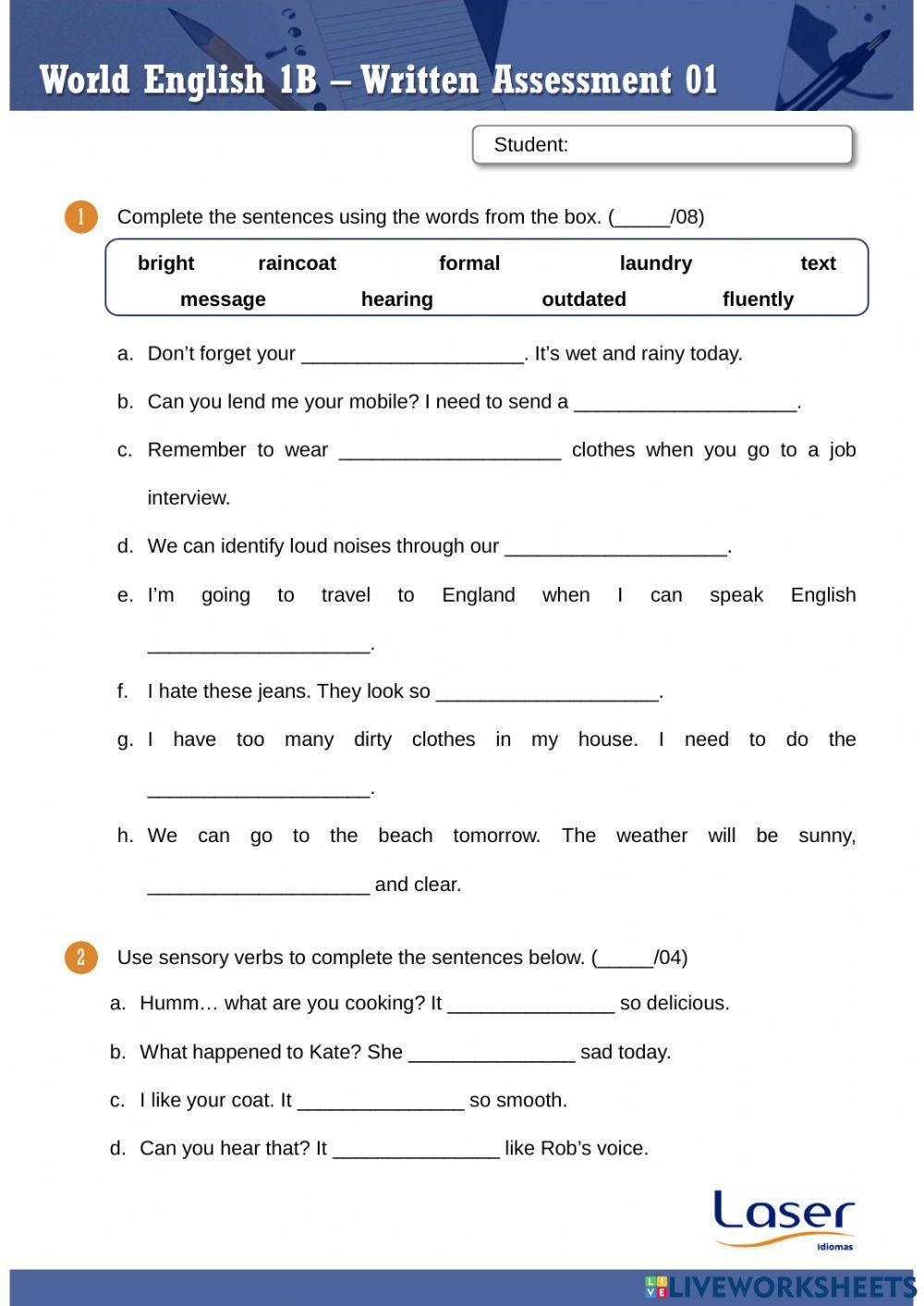 World English 1 - Part B - Evaluation Exercises for Units 7 to 9