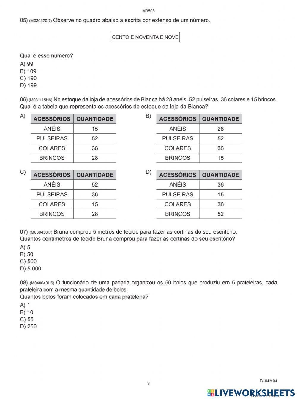 Avaliação diagnóstica matematica 5ano