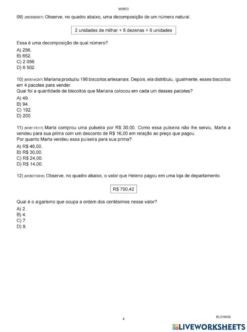 Avaliação diagnóstica matematica 5ano